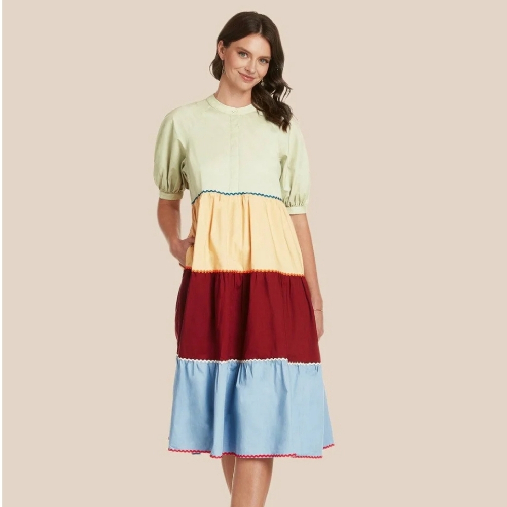 English Factory Color Block Trim Detail Short Sleeve Midi Dress